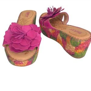 BOC NEW Flower Leather Wedge Platform Sandals Pink Multi Shoes Slides Slip On 7